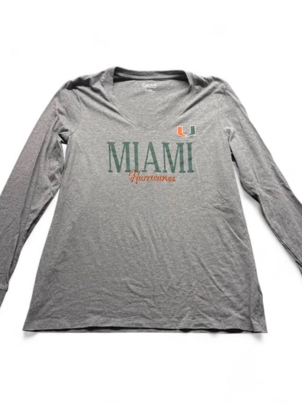 miami Gray Long-Sleeve V-Neck Tee with Green and Orange Logo